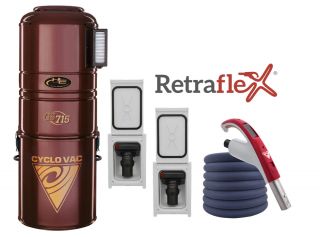 Combo Retraflex - Central vacuum 715 with bag with 2 Retraflex retractable hose inlets including attachments and the installation kit - hose 40' (12.19 m) - with hose cover