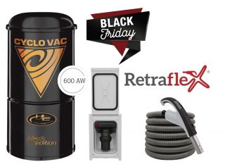 Black Friday - Combo Retraflex - Central Vacuum 115 Black Edition with bag with 1 Retraflex retractable hose inlet including attachments and the installation kit