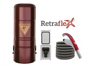 Combo Retraflex - Aspirateur central 615 avec 1 prise de boyau rétractable Retraflex comprenant les accessoires et l'ensemble d'installation