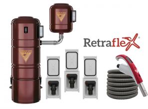 Combo Retraflex - Aspirateur central 7515 avec 3 prises de boyau rétractable Retraflex comprenant les accessoires et l'ensemble d'installation - DataSync